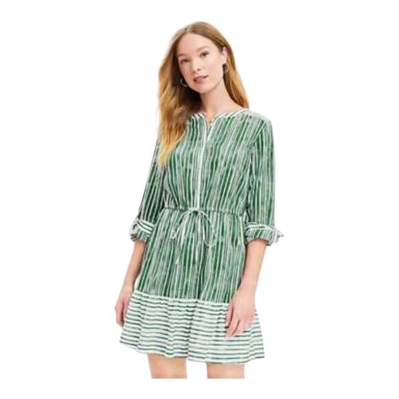 Loft Women's White Green Striped Tab Sleeve Button Flounce Dress - Picture 1 of 12